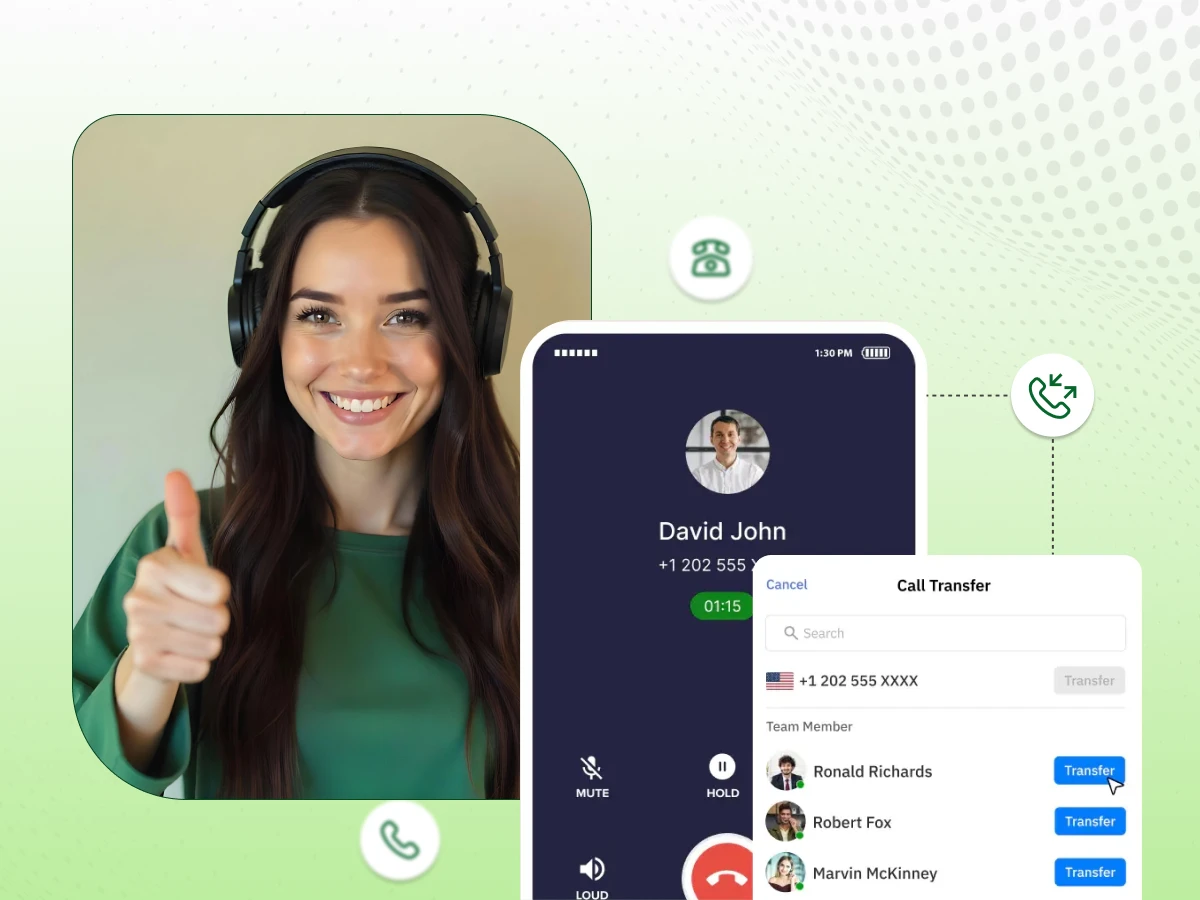 Customer support agent smiling next to a mobile app interface performing a professional call transfer.